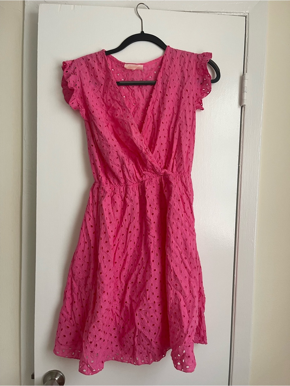 Feminine Eyelet Wrap-Front Dress in Bright Pink
